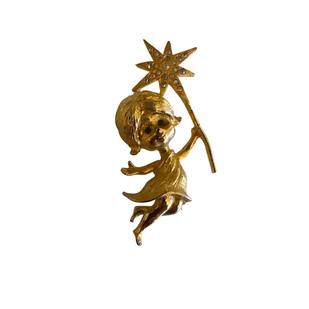 Vintage Mylu Gold-Tone Fairy Brooch With‎ Rhinestone Star Wand